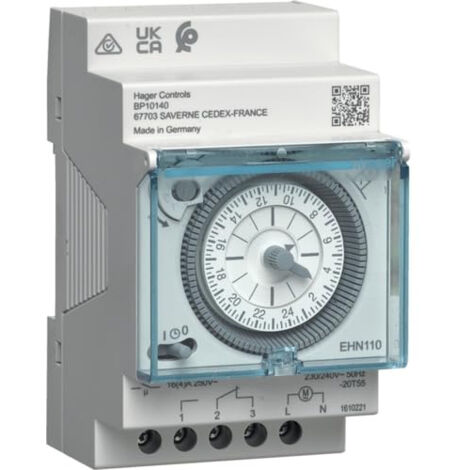 Hager – Interrupteur horaire électromécanique 230V – Programmation journalière analogique – 3A max – Fixation rail DIN – Indice de protection IP20 - EHN11016A