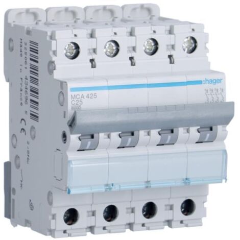 Hager interruttore automatico modulare di comando e protezione 1 polo+neutro 25a 6 ka c 2 moduli mca425