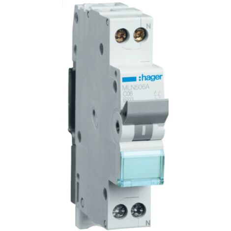 Hager interruttore automatico per comando e protezione 1p+n 6a 6 ka c 1 moduli mln506a
