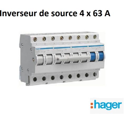 Hager – Interrupteur modulaire 63 A – 4 pôles – Tension AC 230/400 V – Inverseur de source pour tableau électrique – Sécurité anti-arc - I-0-II