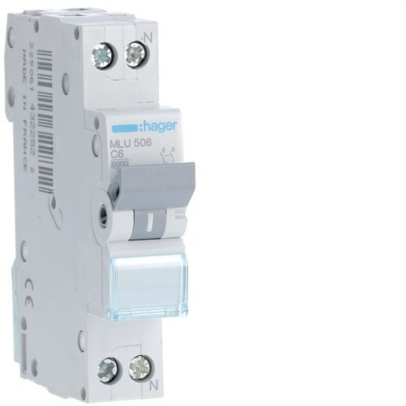 Hager - MLU506 Disjoncteur ml courbe-C 1P+N 6A