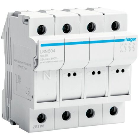 Hager – Porte-fusible sectionnable 32A 3P 690V – 4 modules DIN – Type gF, gG, aM – Taille fusible 10x38 – Position neutre à gauche