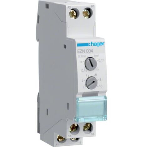Hager – Relais temporisé calibreur d'impulsion – Tension 230V CA – Courant 10A – Rail DIN – Plage temporelle 0.1 à 10s/h - EZN004