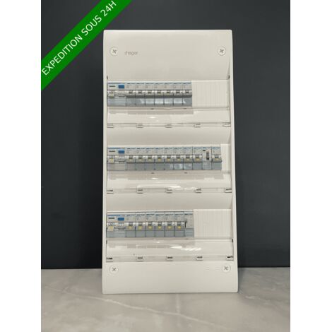 Hager – Tableau électrique 3 rangées de 13 modules – Pré-câblé avec télérupteur et contacteur jours/nuit – Évolutif avec 11 modules libres
