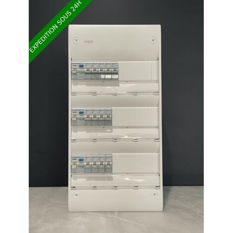 Hager – Tableau électrique 3 rangées 13 modules pré-câblé – Différentiel 63A type A – Disjoncteurs 10A/16A/20A/32A – Évolutif avec 20 modules libres