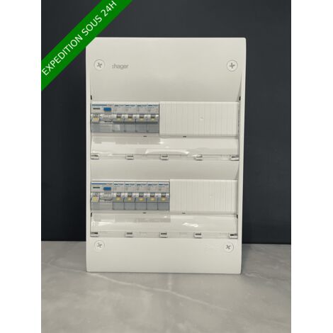 Hager – Tableau électrique équipé apparent 2 rangées – 13 modules – 1 différentiel 40A type A – 1 différentiel 63A type AC – Pré-câblé et évolutif
