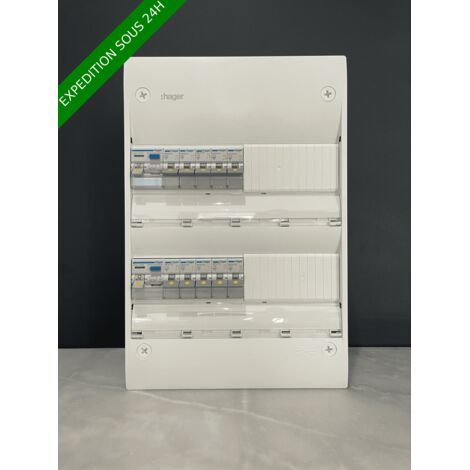 Hager – Tableau électrique équipé apparent 2 rangées 13 modules – 1 différentiel 63A type A – 3 disjoncteurs 10A – 12 modules libres pour évolutivité