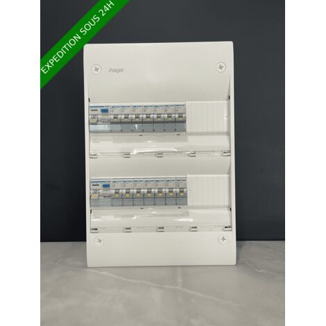 Hager – Tableau électrique équipé apparent 2 rangées 13 modules – 1 Différentiel 63A type A et 1 type Ac – 3 Disjoncteurs 10A et 16A – Pré-câblé pour installation rapide - 2ID63