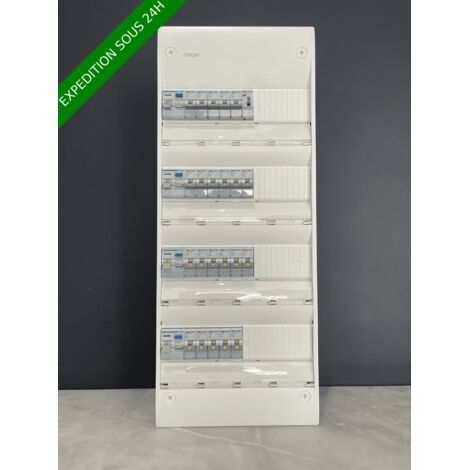 Hager – Tableau électrique pré-câblé 4 rangées – 13 modules par rangée – 1 différentiel 63A type A – Évolutif avec 21 modules libres