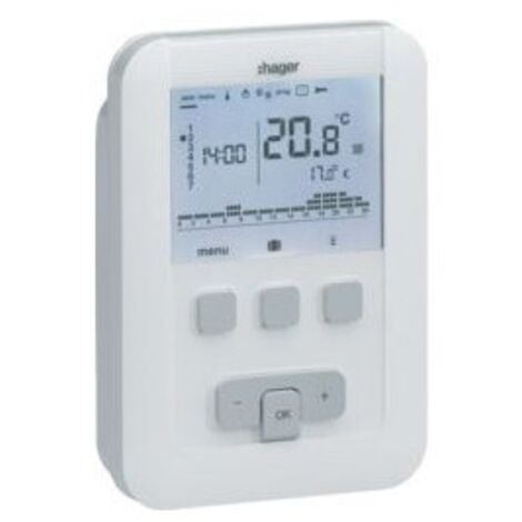 Hager – Thermostat de chaudière programmable EK520 – Alimentation 2 piles 1,5V – Dimensions 138x30x30mm – Programmation 7 jours