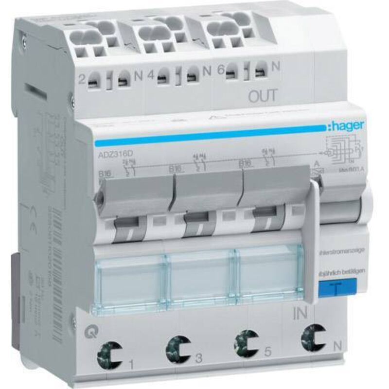HAGER &nbsp;&ndash;&nbsp;FI/LS commutateur 3&nbsp;x 1P + N 6&nbsp;KA Adz316d