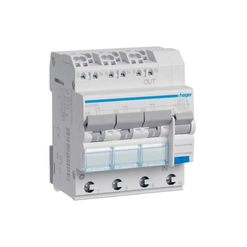 Hager - fi/ls commutateur 3 x 1P + n 6 ka ADZ316D