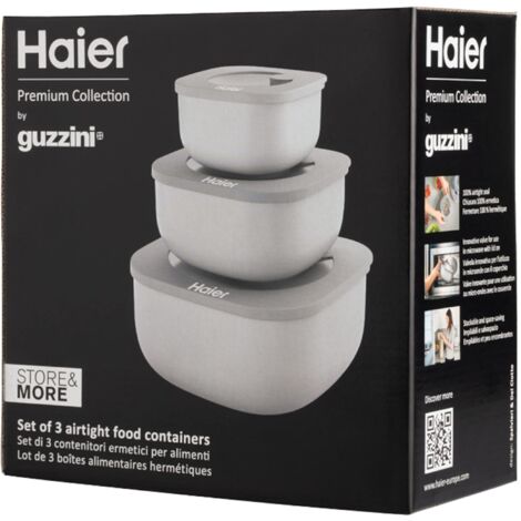 Haier HAGSM4080 Set di Tre Contenitori Ermetici per Alimenti, Lavabile in Lavastoviglie, Utilizzabile in Frigorifero, Freezer e Microonde, 3 Dimensioni, Salvaspazio, Haier by Guzzini