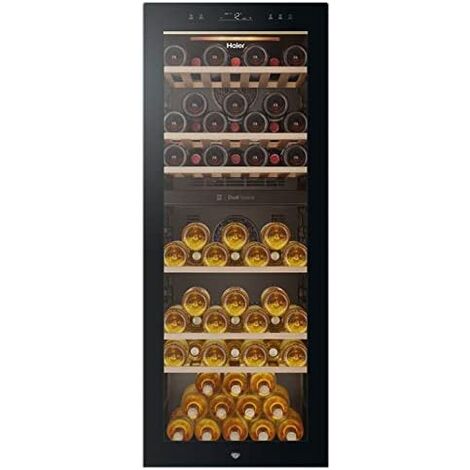 Haier HWS77GDAU1 Frigorifero per vini, 77 bottiglie, luci LED e vetro anti-UV, ripiani in legno, 49,7 x 58,5 x 127 cm, Classe G, colore nero
