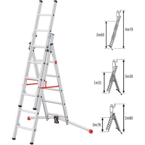 hailo-9306-507-escalera aluminio combinada 3 tramos con estabilizador curvo profilot combi (2x6 + 1x5 peldaños)