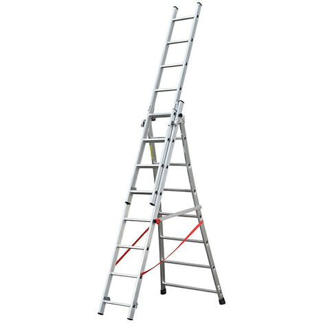 Hailo – Échelle transformable pro 3x8 échelons aluminium – Hauteur 5,70m – Base évasée pour stabilité – Échelons antidérapants et sertis
