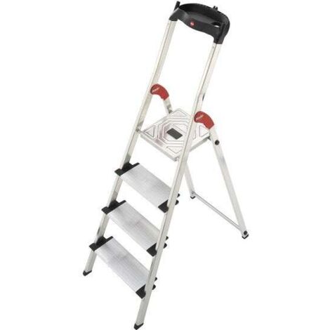 Hailo – Escabeau aluminium 4 marches – Charge max 150 kg – Hauteur de travail 2.54 m – Marches larges 13 cm antidérapantes – Protection anti-pincement