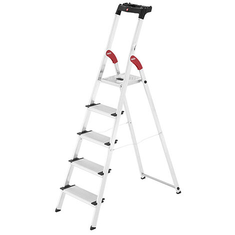 Hailo – Escabeau sécurisé pliable aluminium 5 marches extra larges – Hauteur d'accès 2,59 m – Charge max 150 kg – Plateforme antidérapante