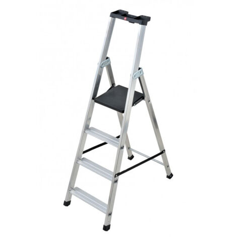 Hailo – Escabeau professionnel 4 marches – Hauteur max 2m90 – Plateforme PEHD haute résistance – Tablette porte-outils multifonction