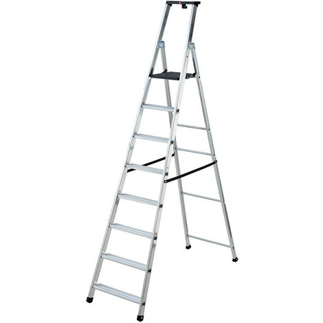 Hailo – Escabeau professionnel 8 marches – Hauteur d'accès 3,85m – Charge max 150kg – Plateforme en PEHD – Antidérapant et tablette porte-outils