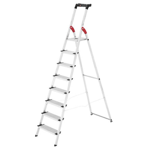 Hailo – Escabeau sécurisé pliable aluminium 8 marches antidérapantes – Hauteur de travail max 370 cm – Charge 150 kg – Tablette porte-outils