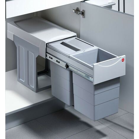 Hailo – Poubelle de cuisine tri sélectif 2 bacs 15L encastrable – Dimensions 30 cm – Couvercle fixe pour limiter les odeurs – Installation facile