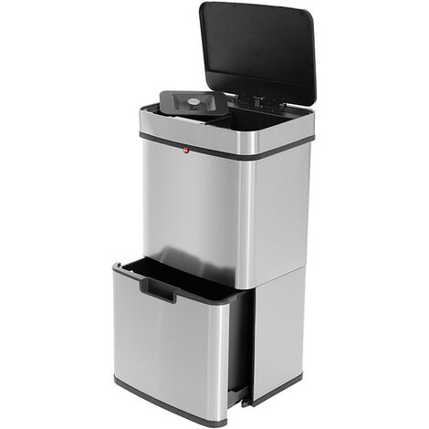 Hailo – Poubelle tri sélectif 60L – 3 compartiments (2x30L + 4L) – Acier inoxydable – Ouverture automatique – Soft-Close silencieuse
