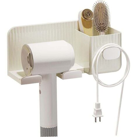 Hair dryer holder, self-adhesive wall-mounted hair tool holder with cable hook and storage boxes, multifunctional hair dryer holder for bathroom accessories, by DEBU