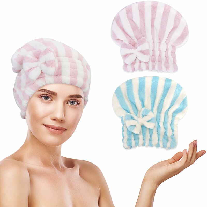 Hair Drying Towel 2 Pack Short Quick Dry Super Absorbent Towel Cap Bath Products Adult (Pink+Blue)