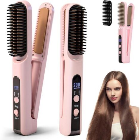 Hair straightener - 2-in-1 ionic comb - Styling comb - Four temperature settings - Ceramic - Heated comb - Suitable for short hair - Women's - Portable - Pink
