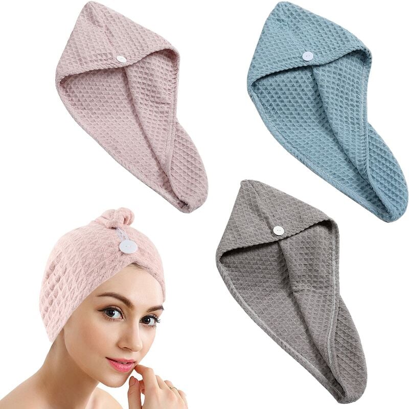 Hair Towel 3 Pack Hair Drying Towels Super Absorbent Microfiber Super Absorbent Hair Towel Turban With Button Design Dry Hair Fast