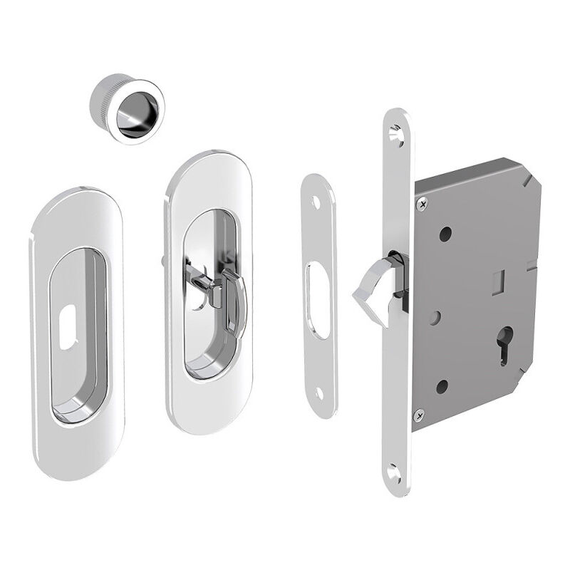 Hakenschloss Set für Schiebetüren, mit Schlüssel, ovale Türrosette mit