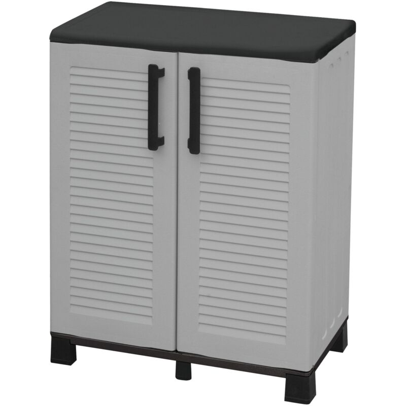 Halbhoher Schrank aus Polypropylen, mit Stahlscharnieren, Fachboden und verstellbaren Füßen.