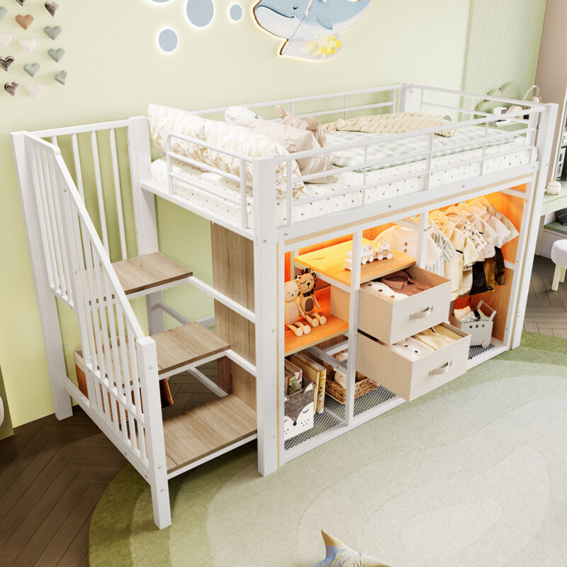 Modenvie Halbhohes Bett 90×200 Cm, Einzelbett Mit 2 Schubladen, Mehrfarbige Led-beleuchtung Und Offener Kleiderschrank, Ohne Matratze, Weiß