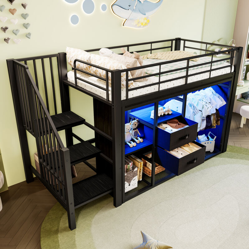 Modenvie Halbhohes Bett 90×200 Cm, Einzelbett Mit 2 Schubladen, Mehrfarbige Led Und Offener Kleiderschrank, Ohne Matratze, Schwarz