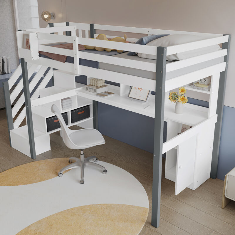 Modenvie Halbhohes Bett 90×200 Cm, Einzelbett Mit Stauraumtreppe, Schreibtisch, Regal Und Box, Ohne Matratze, Weiß Grau