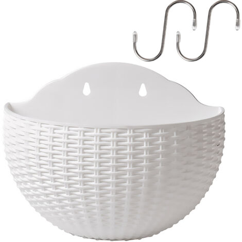 Halbkreisförmiger Wand-Hängepflanzkasten aus weißem Kunstfaser-Rattan (PP), groß (26 cm x 20,5 cm) mit Doppel-Bewässerungssystem und 2 Haken