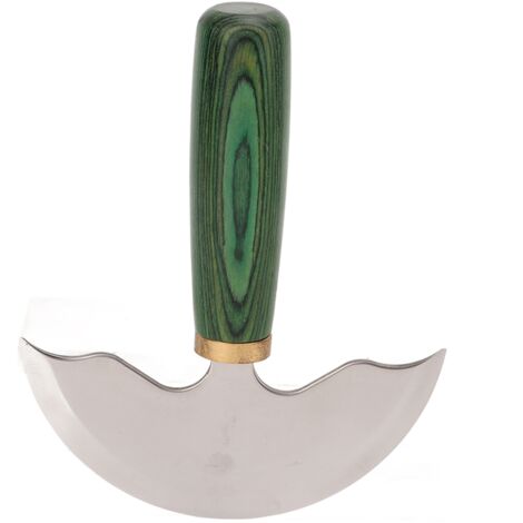 Halbkreisförmiges Ledermesser mit rundem Kopf und grünem Holzgriff, handgefertigt für die Lederverarbeitung, DIY-Werkzeug
