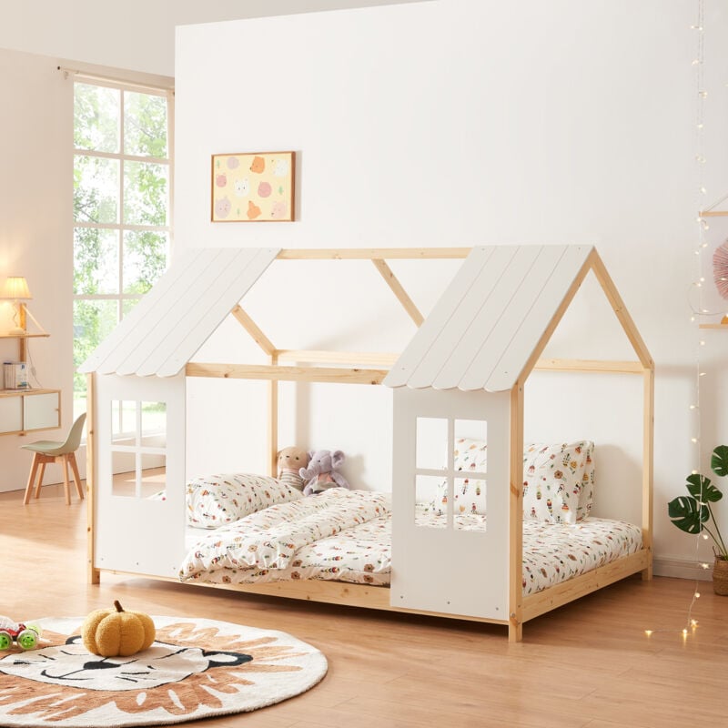Lit cabane Tostedt pour enfant forme maison bois de pin 120 x 200 cm naturel blanc [en.casa]