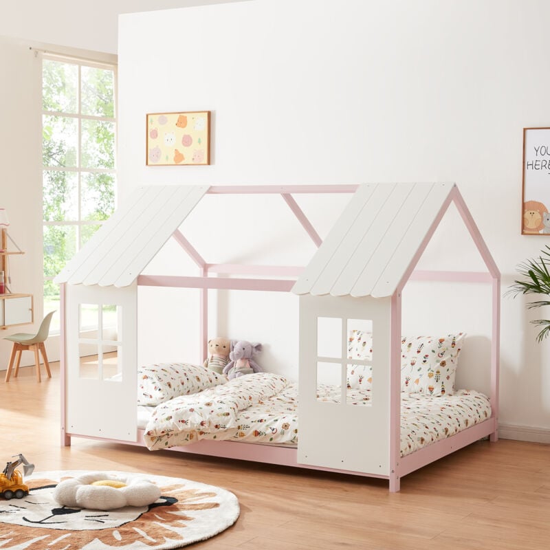 [en.casa] - Lit cabane Tostedt pour enfant forme maison bois de pin 120 x 200 cm rose blanc