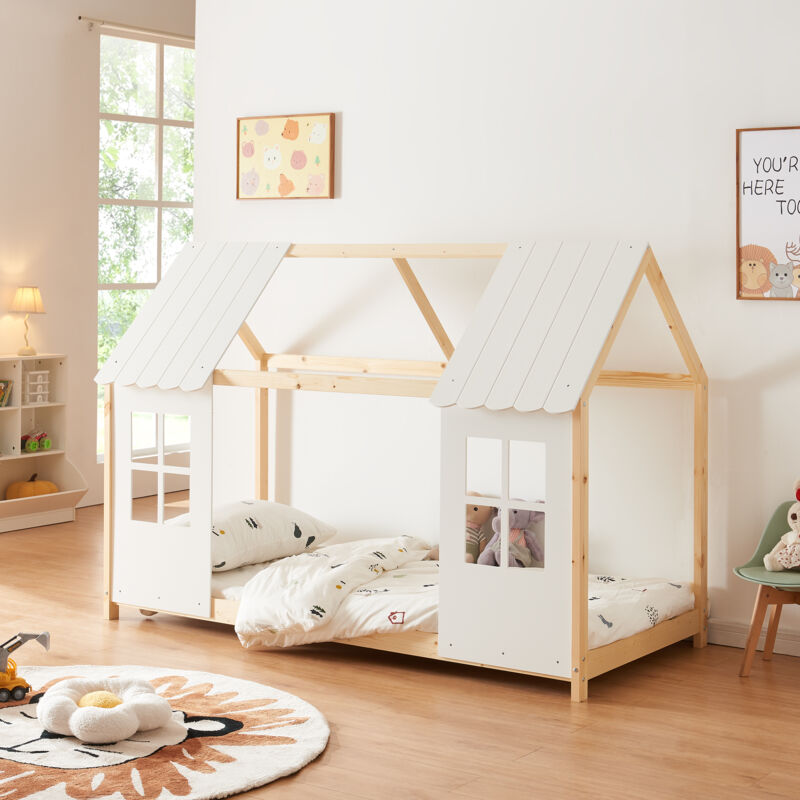 [en.casa] - Lit cabane Tostedt pour enfant forme maison bois de pin 90 x 200 cm naturel blanc