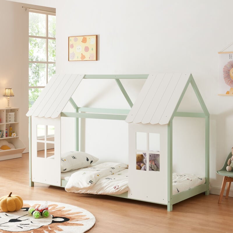[en.casa] - Lit cabane Tostedt pour enfant forme maison bois de pin 90 x 200 cm vert menthe blanc