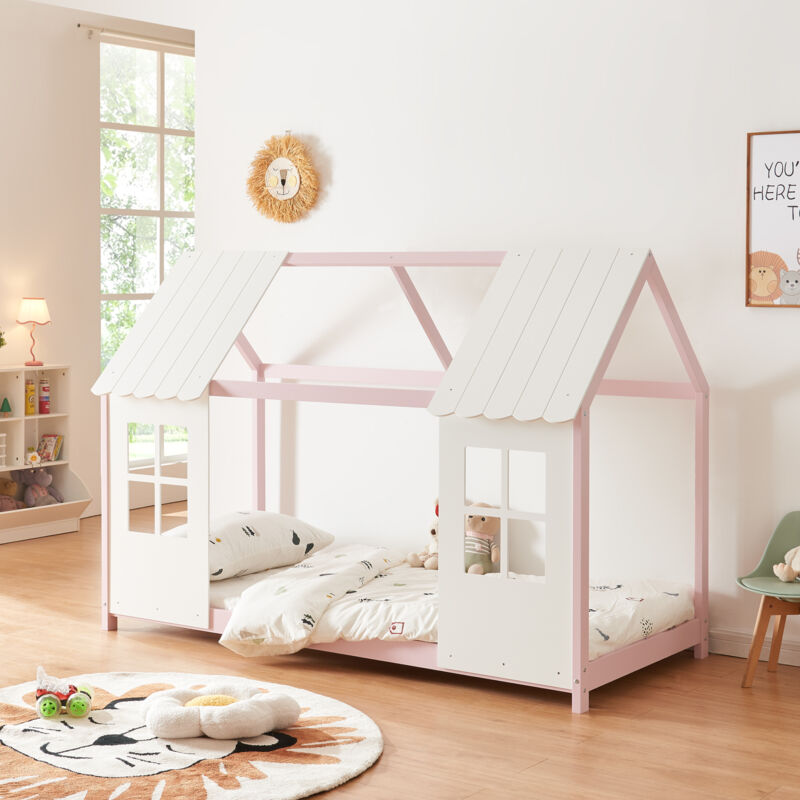 [en.casa] - Lit cabane Tostedt pour enfant forme maison bois de pin 90 x 200 cm rose blanc