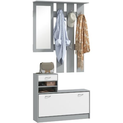 Hall d’entrée avec porte-manteaux miroir et porte-chaussures Meuble de couloir en deux pièces avec crochets, étagères et gris tiroir
