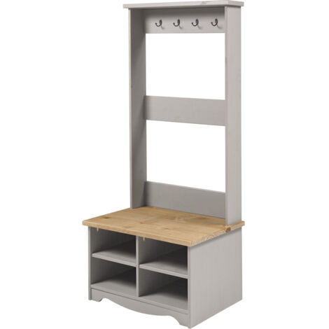 Hall Shoe Bench with Hat and Coat Rack - Pine - L44 x W80 x H170 cm - Grey/Antique Waxed Pine - Flat Packed