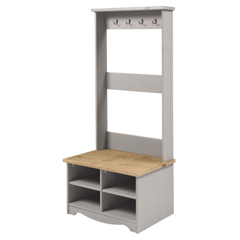 Hall Shoe Bench with Hat and Coat Rack - Pine - L44 x W80 x H170 cm - Grey/Antique Waxed Pine - Flat Packed