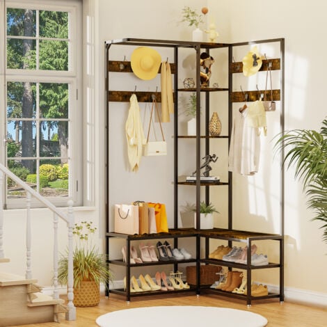 Hall Tree Hat and Coat Stand Entryway Hallway Shoe Rack Bench with Shelves Hooks