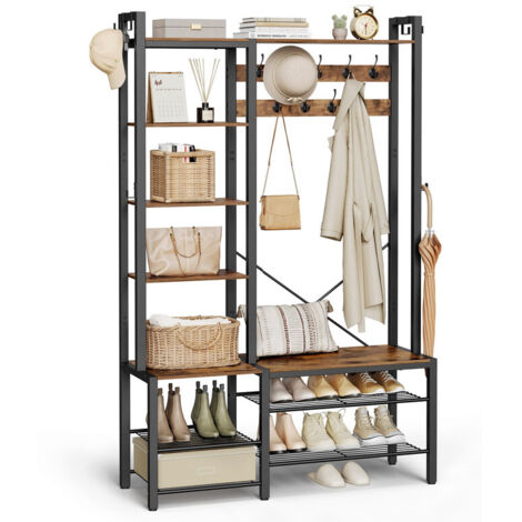 Hall Tree with Storage Bench and Shoe Organizer, Entryway Coat Rack with 5 Shelves, 9 Coat Hooks & 6 Side Hooks for Hallway