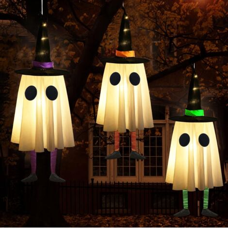 Halloween-Anhänger, Grün, Lila, Orange, 20 x 60 cm, 3 Zaubererhüte, Hexendekorationen, leuchtende Lichter, Hof, Terrasse, Garten, Outdoor-Baum