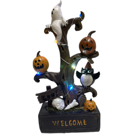 Halloween-Ast-Statue aus Kunstharz mit Beleuchtung – Kürbis – Tischdekoration für drinnen, Garten, Wohnzimmer, Büro